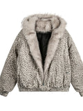‌Men's Winter Warm Loose Fit‌ Faux Fur Leopard Print Bomber Coats