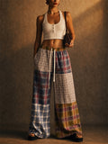 Women Drawstring Color Block Boho Plaid Patchwork Wide Leg Pants