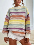 Women's Autumn Loose Rainbow Color Striped Round Neck Sweaters