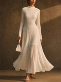 Women White Mock Neck Geometric Lace Long Sleeve Maxi Dress