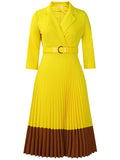 Women's Mid Sleeve Office Lady Style Blazer Collar Pleated Midi Dress With Belt