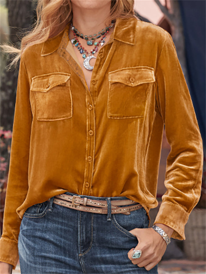 Vintage Long Sleeve Lapel Velvet Blouses for Ladies