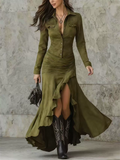 ‌Elegant Faux Suede Buttoned Pullover Knee Length Slit Dress for Women‌