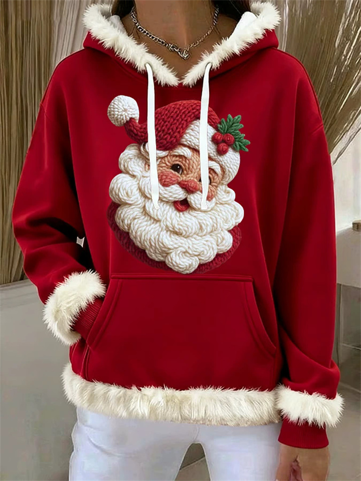 Women Christmas Print Hooded Contrast Trim Pullover Sweatshirt Top