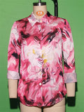 Women's Trendy Contrast Color 3D Print Lapel Long Sleeve Blouses
