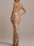 Women's Summer Flowers Patchwork Sequined Slim Fit Maxi Dress