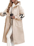 ‌Womens Oversized Fleece Letters Crochet Hooded Coat with Pockets‌