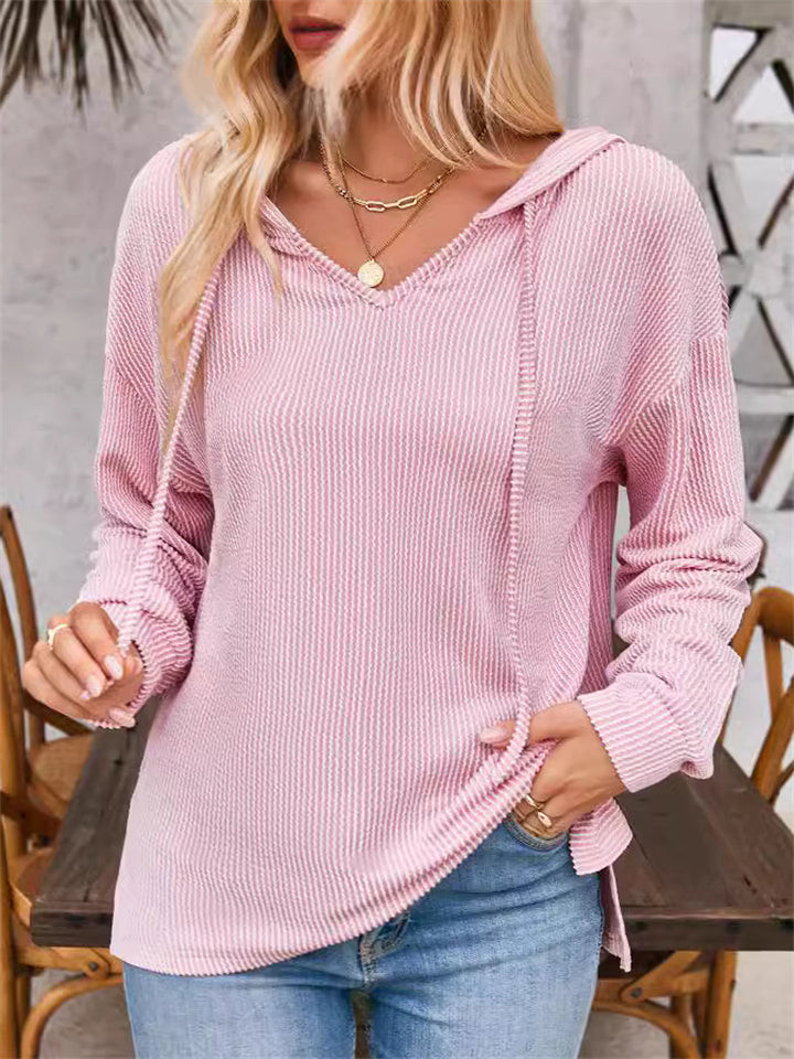 Women's Solid Color Stripe Casual Knitted Hoodie