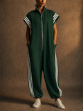 Women Zip Up Short Sleeve Striped Athletic Jumpsuit