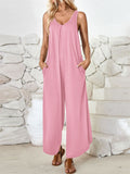 Women's Summer Casual Solid Color V Neck Overall Jumpsuits