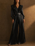 Women Satin Pleated Wide Leg High Waist Palazzo Pants