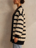 Women Chunky Knit Cardigan Black Beige Striped Open Front Sweater
