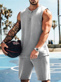 Trendy Henley Vest Shorts Men's Solid Sports Two-piece Suit