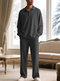Men's Casual Solid Color Textured Jacquard Drawstring Polo Sweatshirts & Sweatpants Outfit