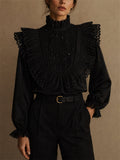 Women's Stylish Sequin Lace Ruffle High Neck Victorian Blouse