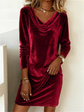 Autumn Women's Velvet Long Sleeve Cowl Neck Shift Dress