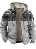 ‌Men's Fleece Lined Zip Up Hooded Coat with Ethnic Style Print