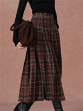 Vintage Autumn Plaid High Waist Pleated Skirt for Women