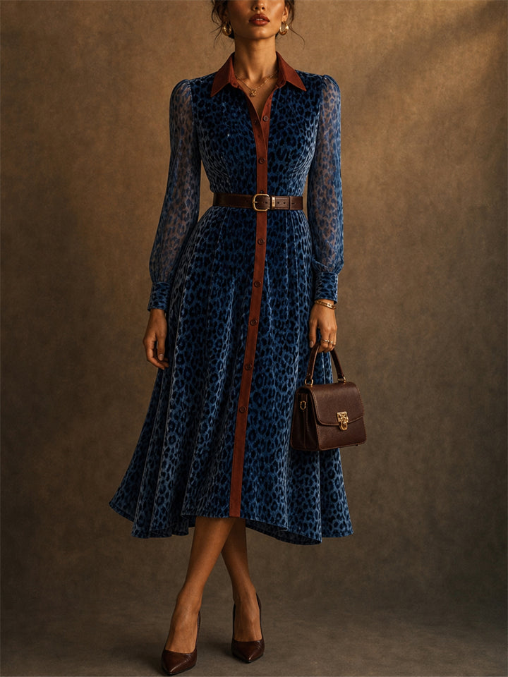 Elegant Leopard Print Contrast Trim Long Shirt Dress for Women