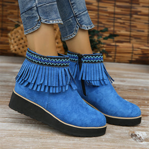 Women's Stylish Suede Round Toe Ethnic Tassel Ankle Boots