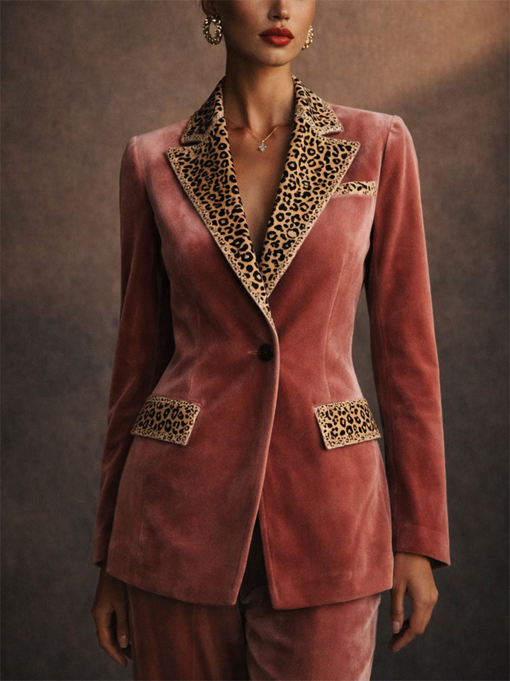 Women Elegant Velvet Leopard Print Trim Tailored Blazers