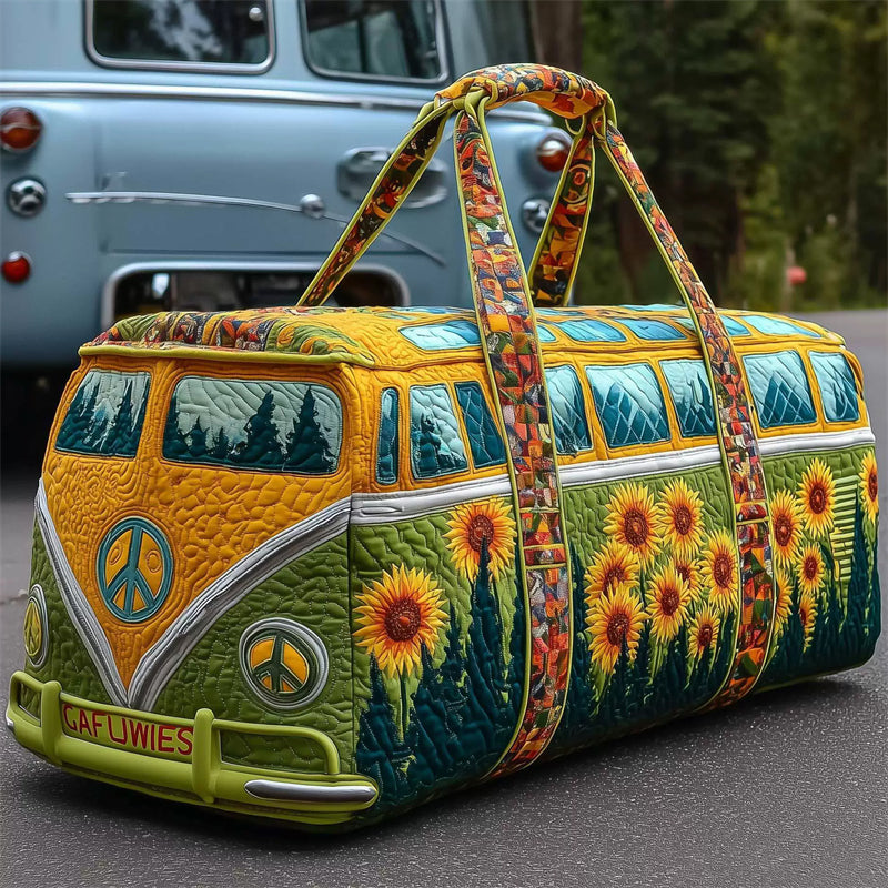 Green ‌Hippie Bus Sunflower Quilted Duffel Bag