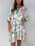 Women's V Neck Trendy Flowers Printed 3/4 Sleeve Dress