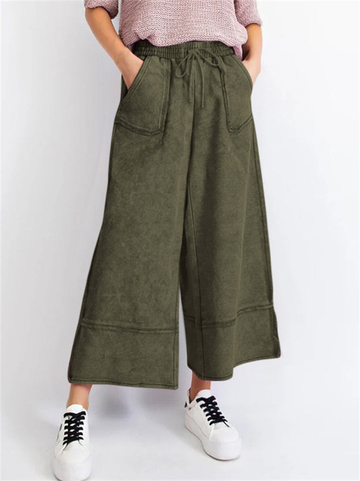 Women's Vintage Distressed Solid Color Elastic Waist Wide Leg Pants