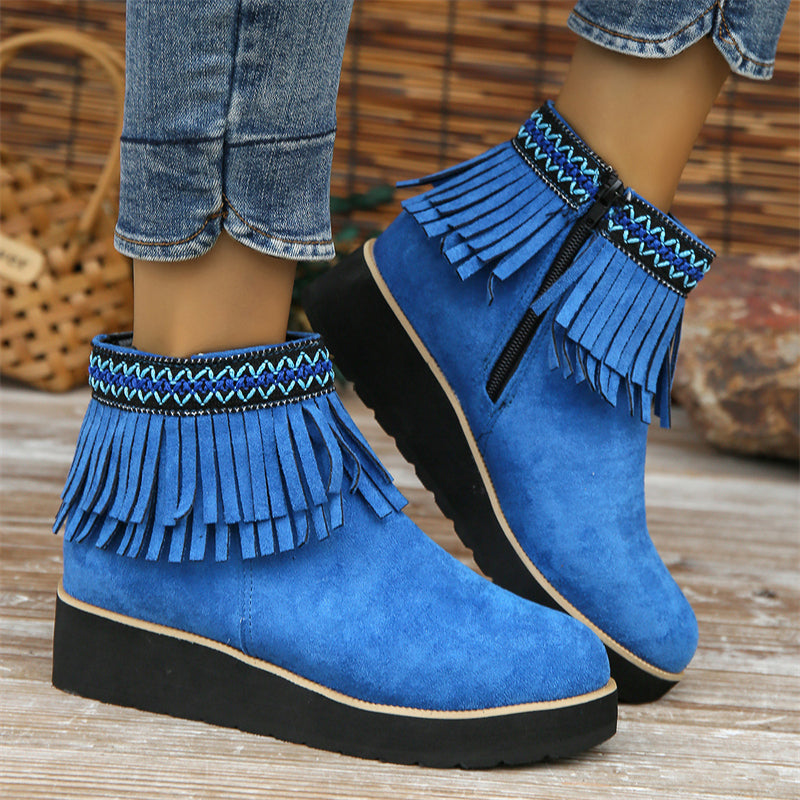 Women's Stylish Suede Round Toe Ethnic Tassel Ankle Boots