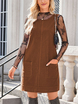 Women's Solid Color Pockets Corduroy Overall Dress