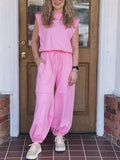 Women's Summer Casual Solid Color Round Neck Sleeveless Jumpsuits