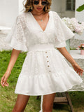Sexy V Neck Wide Sleeve Waisted Mini Dress for Women
