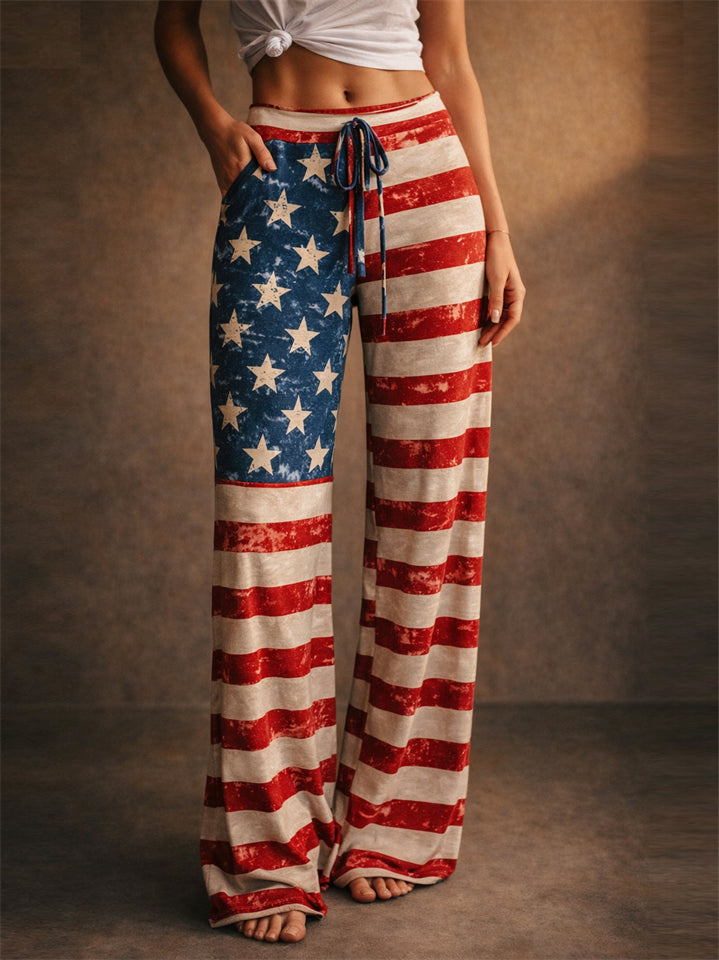 Women American Flag High Waist Patriotic Lounge Wide Leg Pants