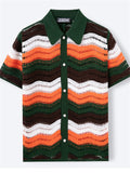 Male's Summer Retro Contrast Color Striped Crochet Lapel Knitted Shirts