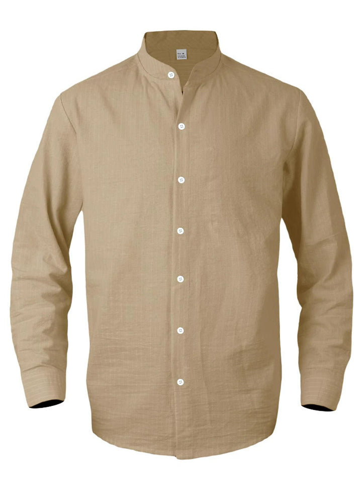 Men's Spring Linen Stand Collar Striped Long Sleeve Casual Shirts