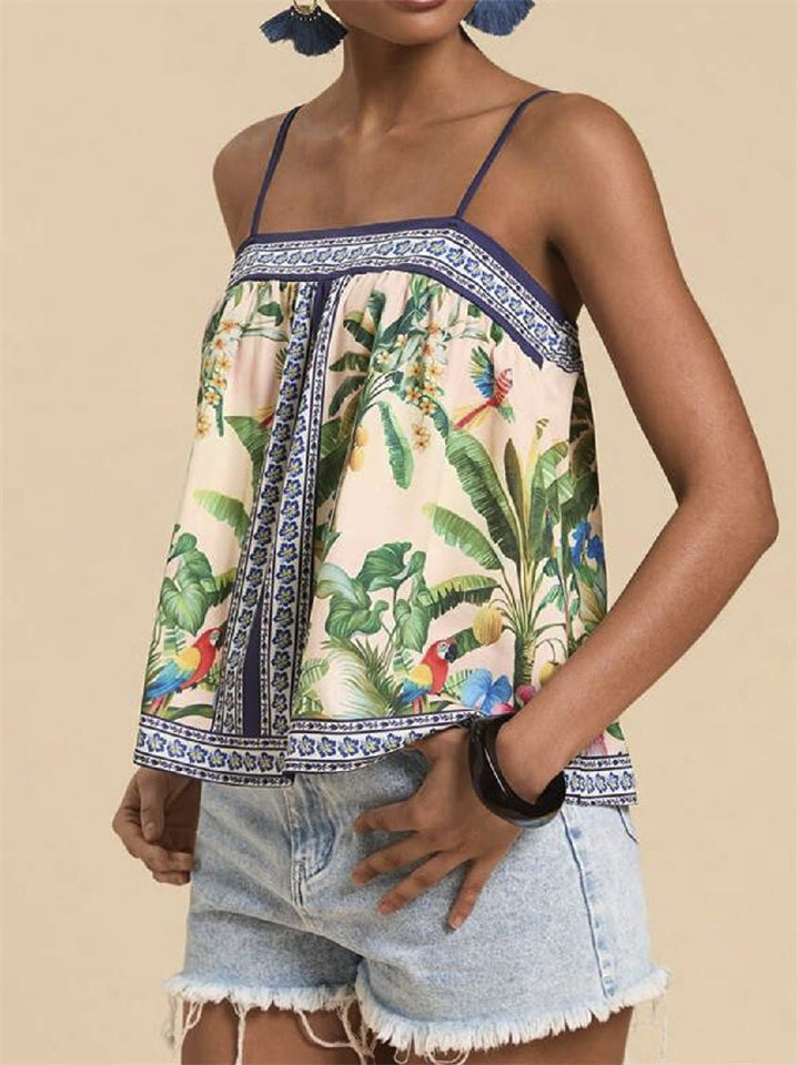 Women's Summer Holiday Style Contrast Color Print Strap Shirts