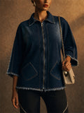 Women Dark Blue Raw Hem 3/4 Sleeve Zip Up Denim Jackets