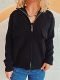 Women's Solid Color Zip Up High Neck Faux Pockets Cardigan Sweater