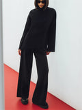 Women's Trendy Semi High Neck Solid Color Asymmetric Hem Sweater Outfit
