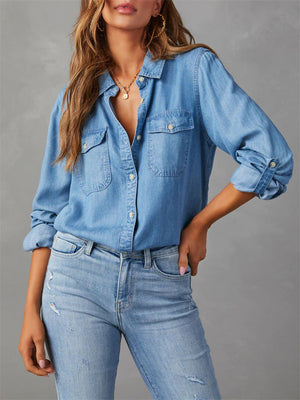 Women's Blue Single Breasted Lapel Denim Blouses