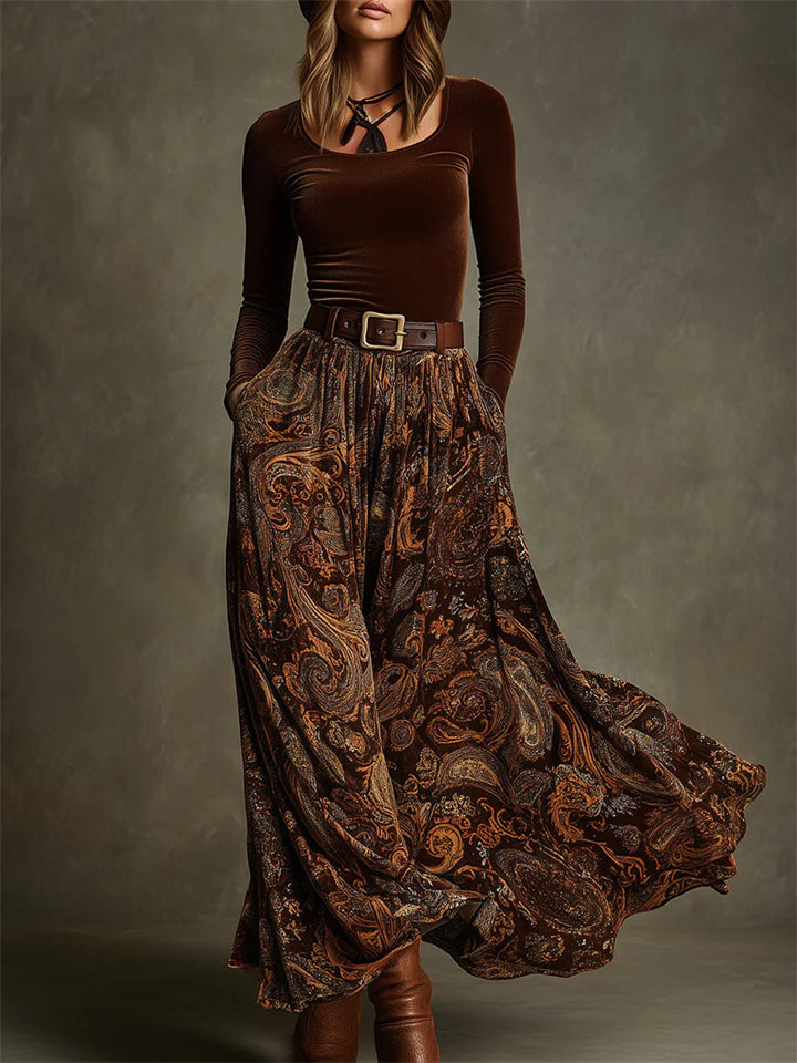V‌intage Caramel Velvet Top and Paisley Print Skirt Set for Women‌