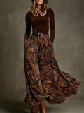 V‌intage Caramel Velvet Top and Paisley Print Skirt Set for Women‌