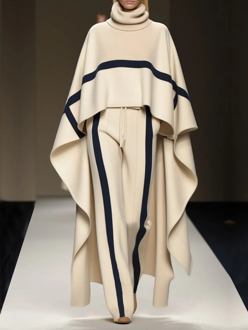 Women's Elegant Turtleneck Raglan Sleeves Color Block Cape and Pants Set