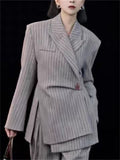 Women's Gray Long Sleeve Stripe Asymmetric Hem Suit Blazer