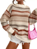Women's Autumn Loose Rainbow Color Striped Round Neck Sweaters