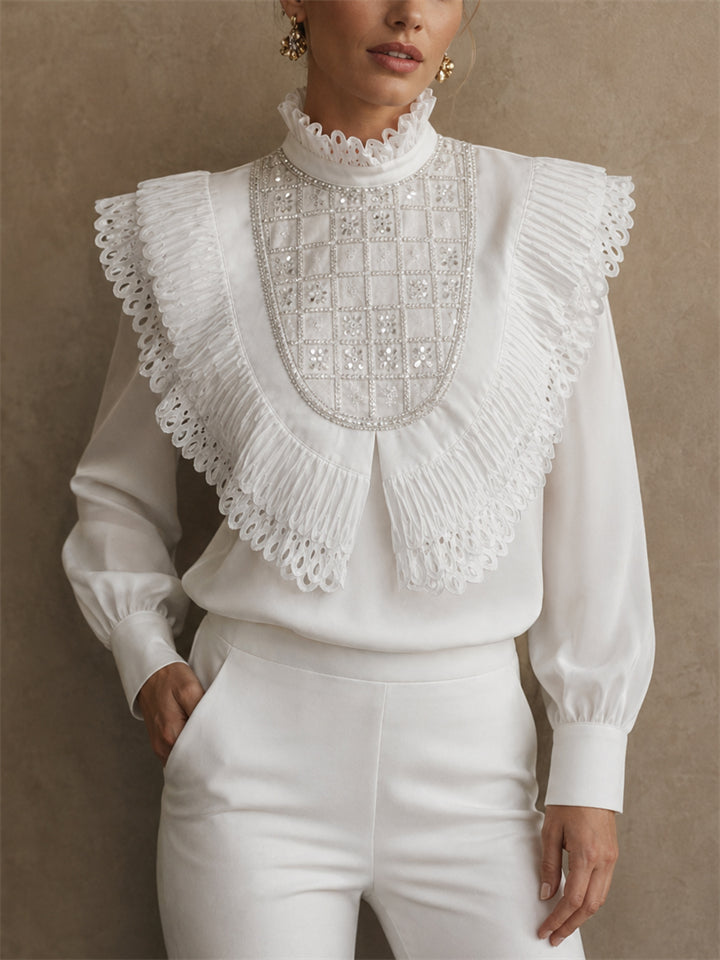 Women's Stylish Sequin Lace Ruffle High Neck Victorian Blouse