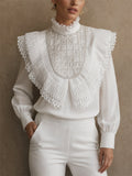 Women's Stylish Sequin Lace Ruffle High Neck Victorian Blouse