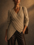 Women Stylish Wrap V Neck Cable Knit Pullover Sweaters