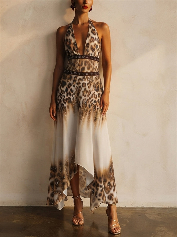 Women Sexy Leopard Print Halter Neck Top Maxi Dress