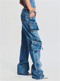 Fashion Mid Rise Pockets Patchwork Cargo Denim Pants for Women